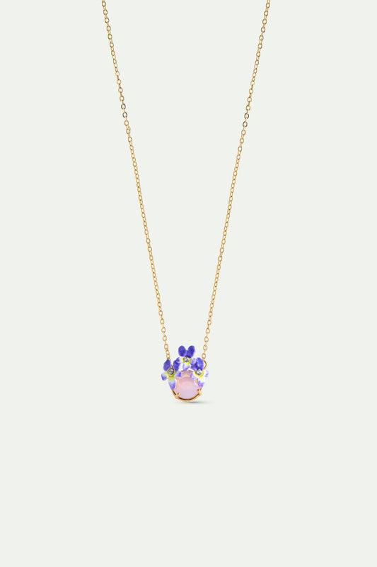 Round Pink Faceted Stone And Violet Necklace front view