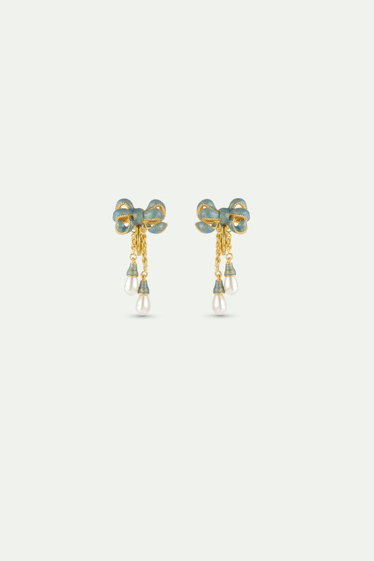 Gold And Blue Ribbon Dangle Earrings clip-on view