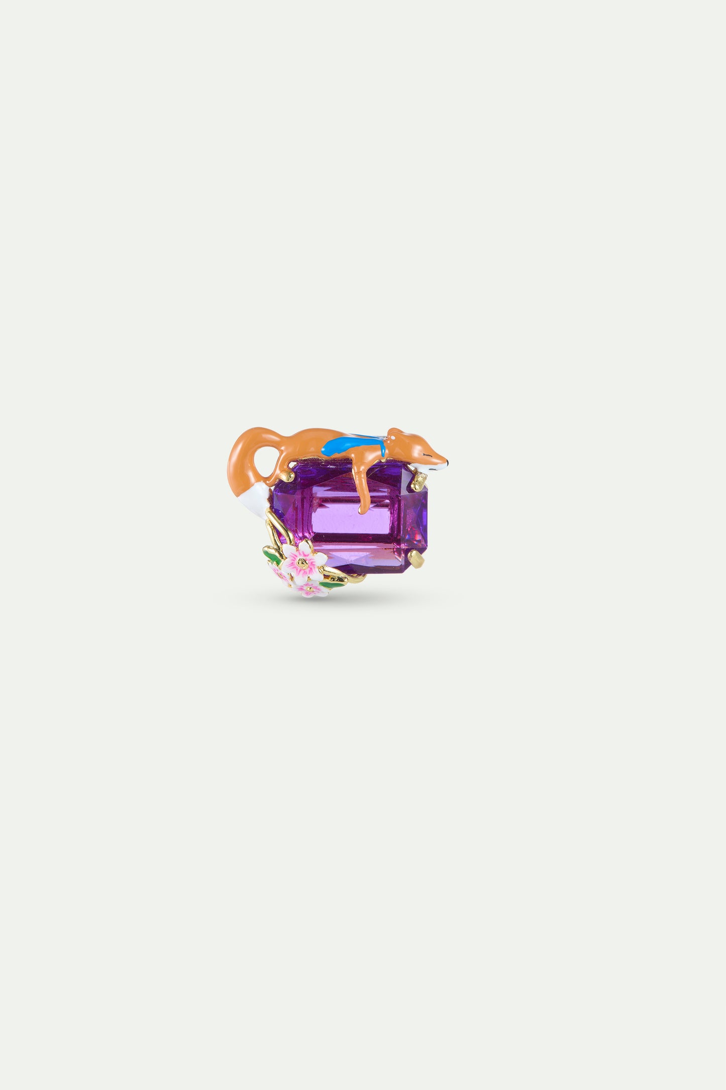 Purple Rectangular Stone Fox And Flower Brooch front view