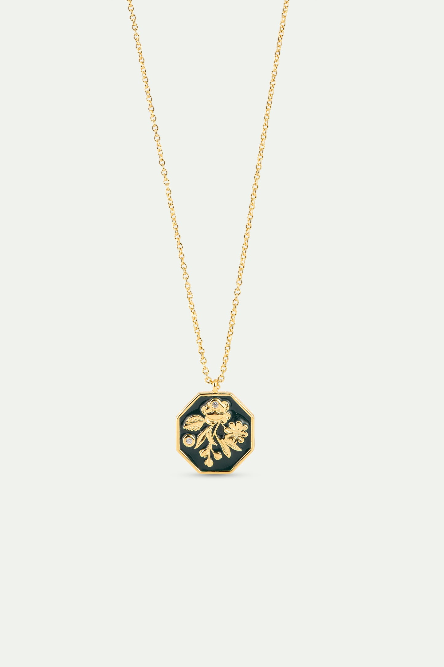 Black And Gold Peony Medallion Pendant Necklace front view