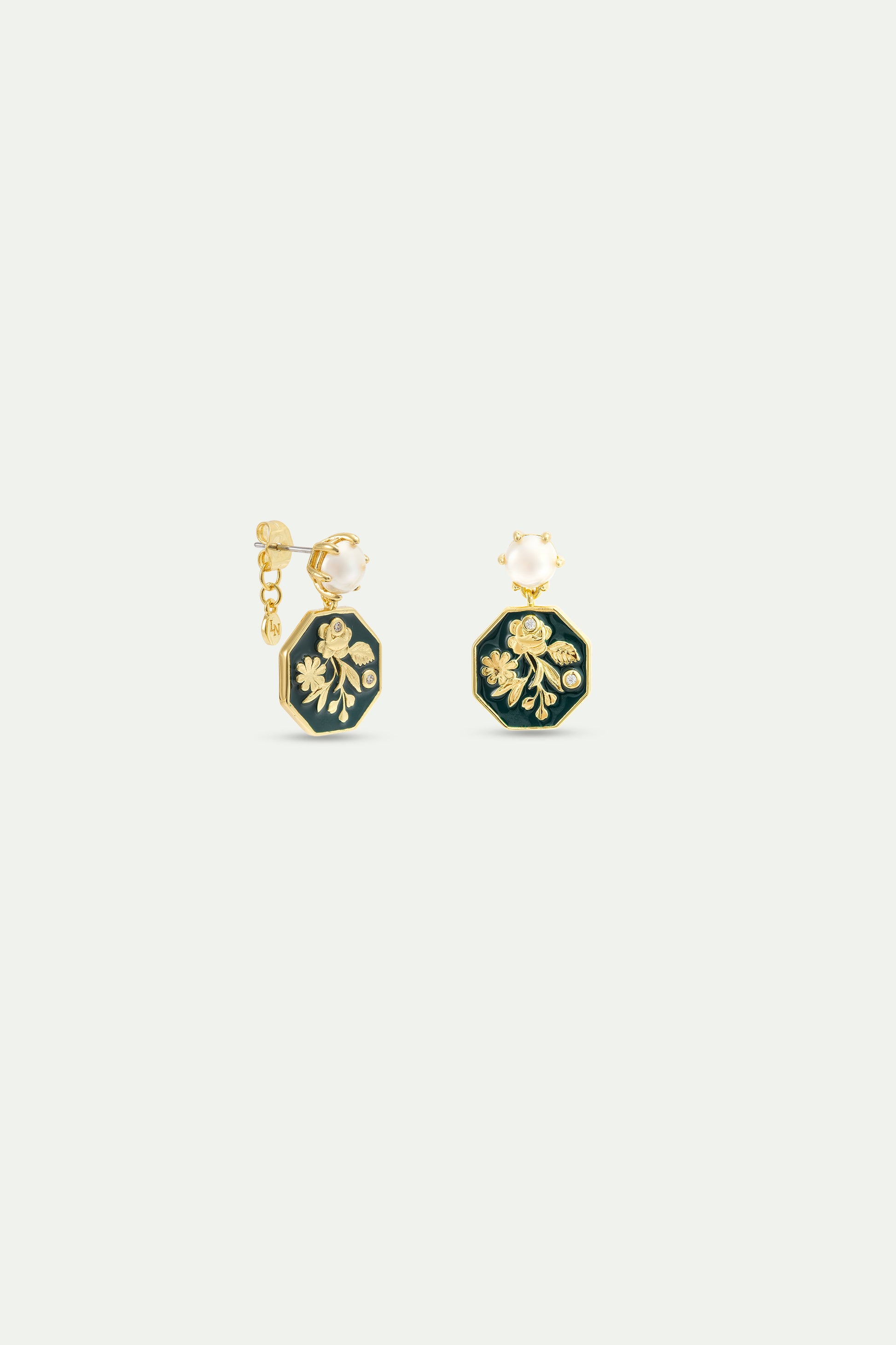 Black And Gold Peony Medallion Earrings alternate stud view