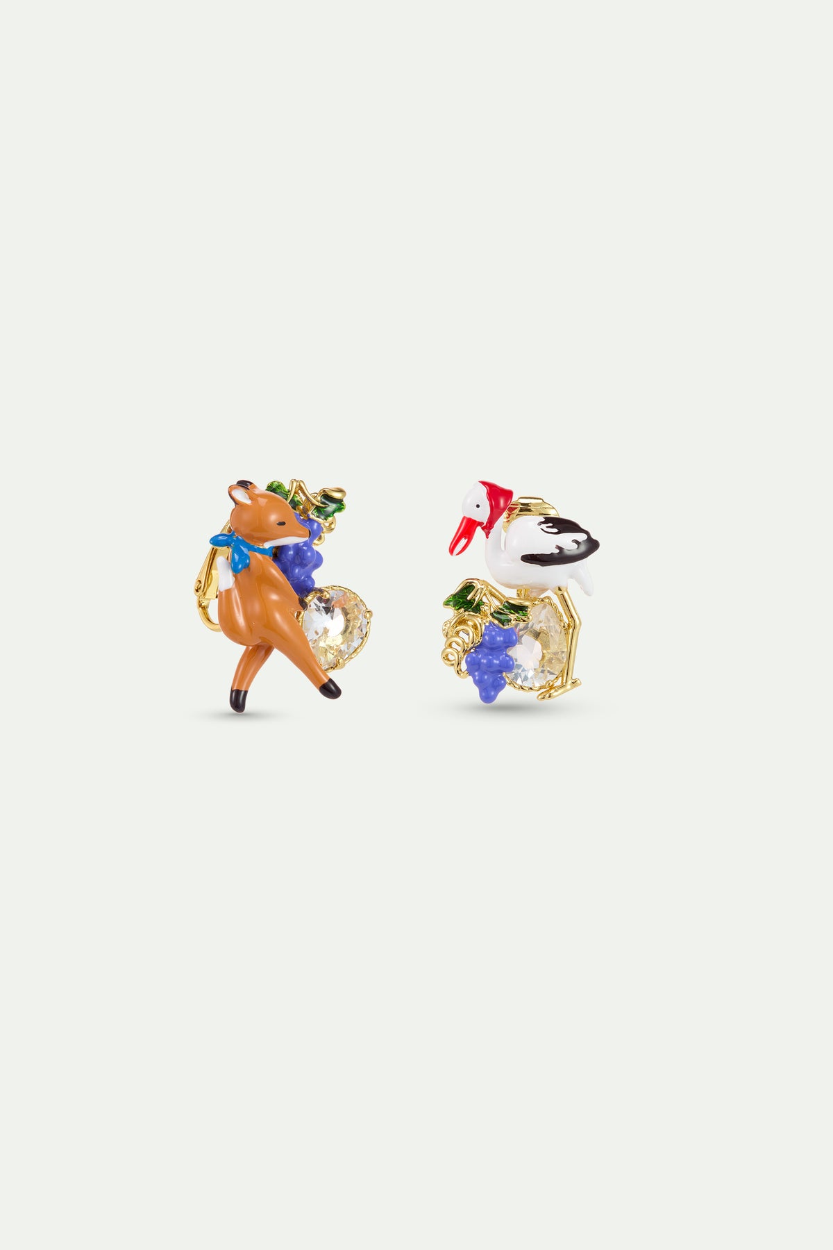Asymmetrical Fox And Stork Earrings With Grapes alternate clip-on view
