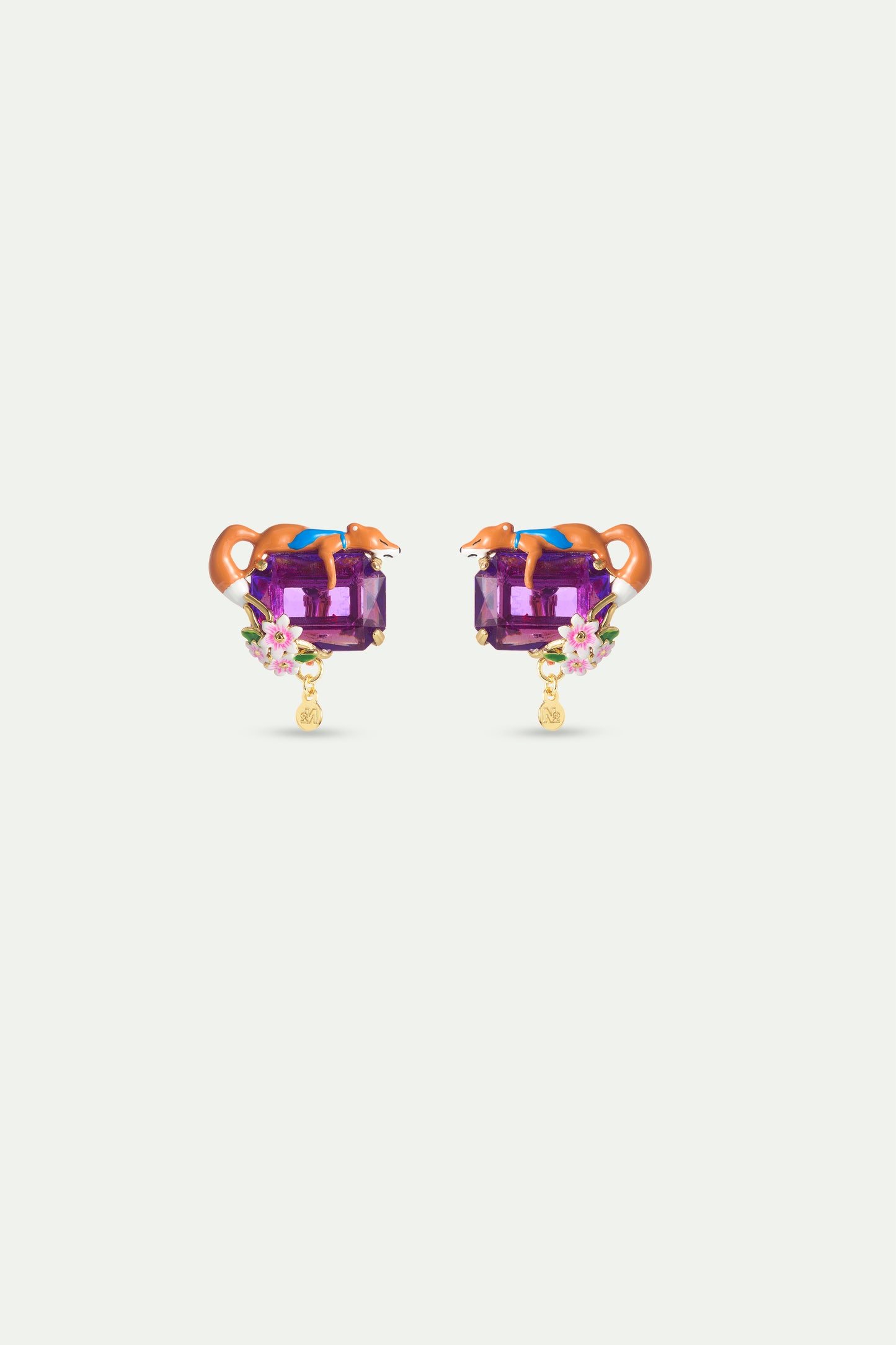 Purple Rectangular Stone Fox And Flower Earrings clip-on view