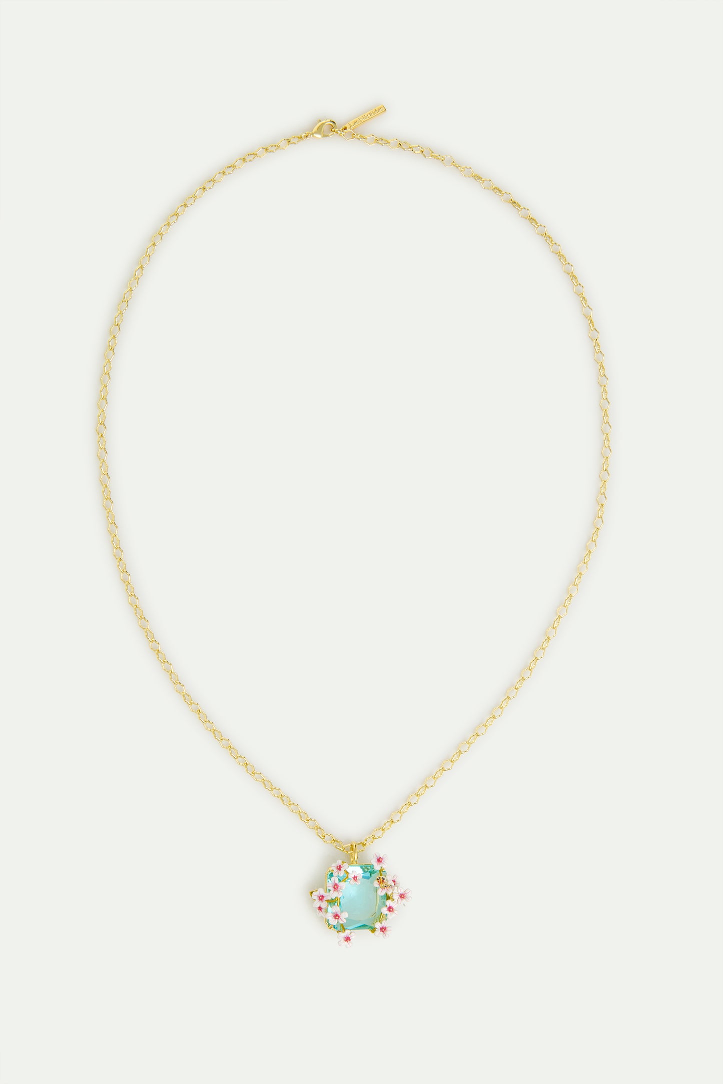 Necklace With Faceted Blue Square Stone Pendant, Hawthorns And Butterfly detail view