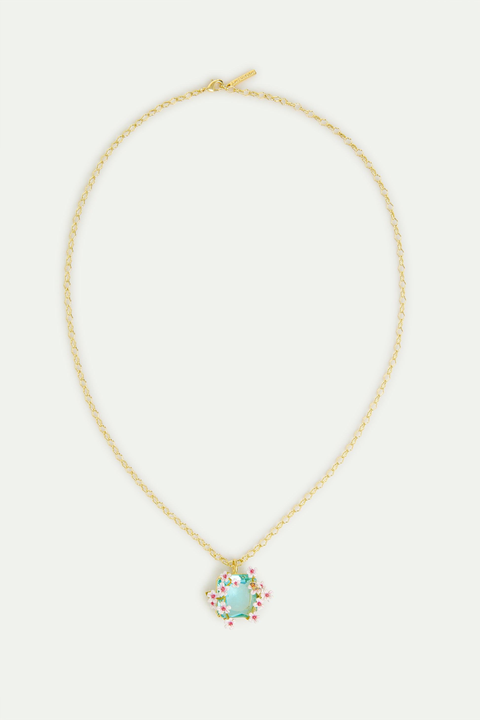 Necklace With Faceted Blue Square Stone Pendant, Hawthorns And Butterfly detail view