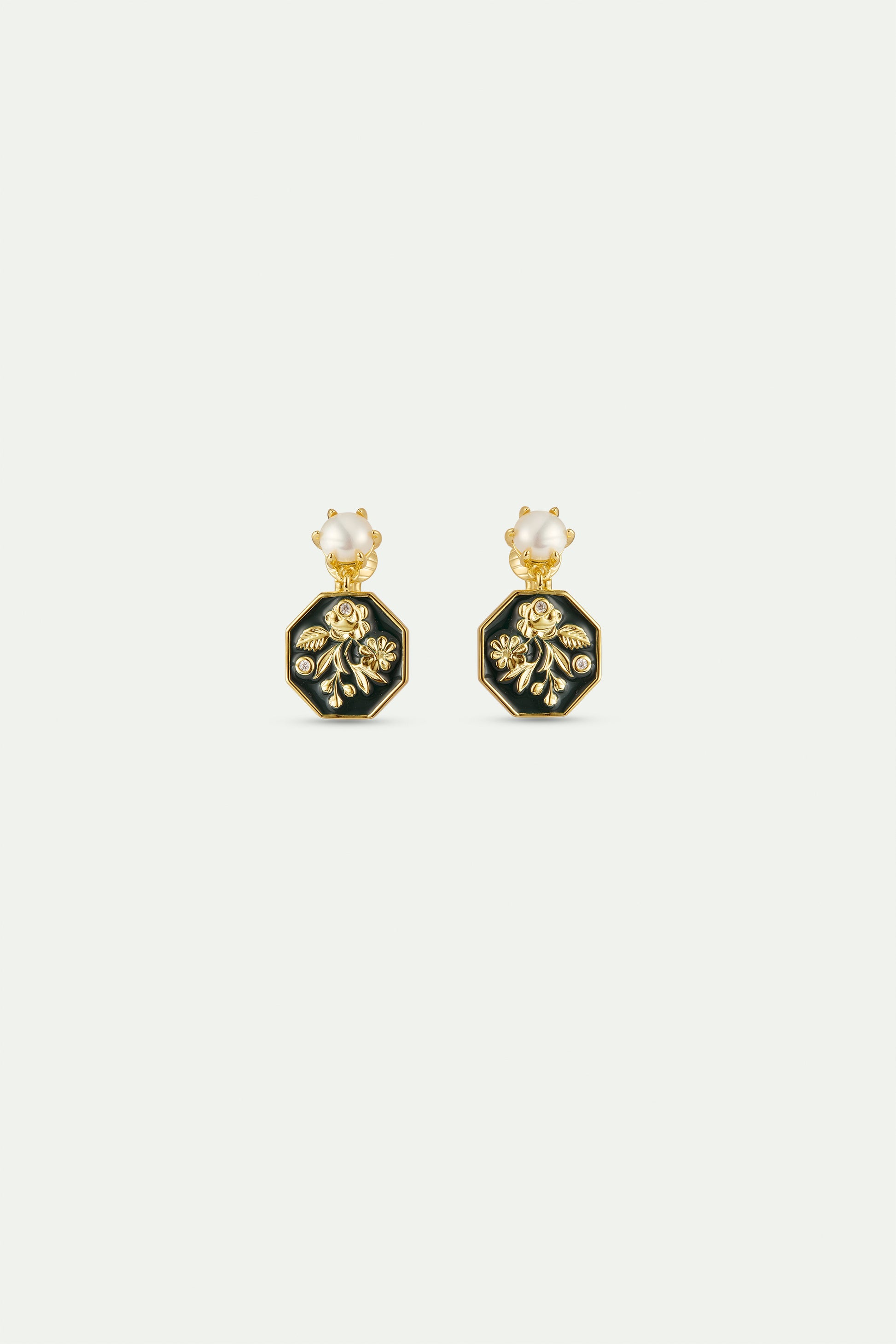 Black And Gold Peony Medallion Earrings clip-on view