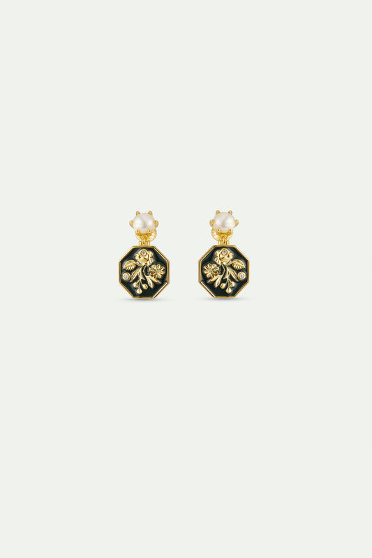 Black And Gold Peony Medallion Earrings clip-on view