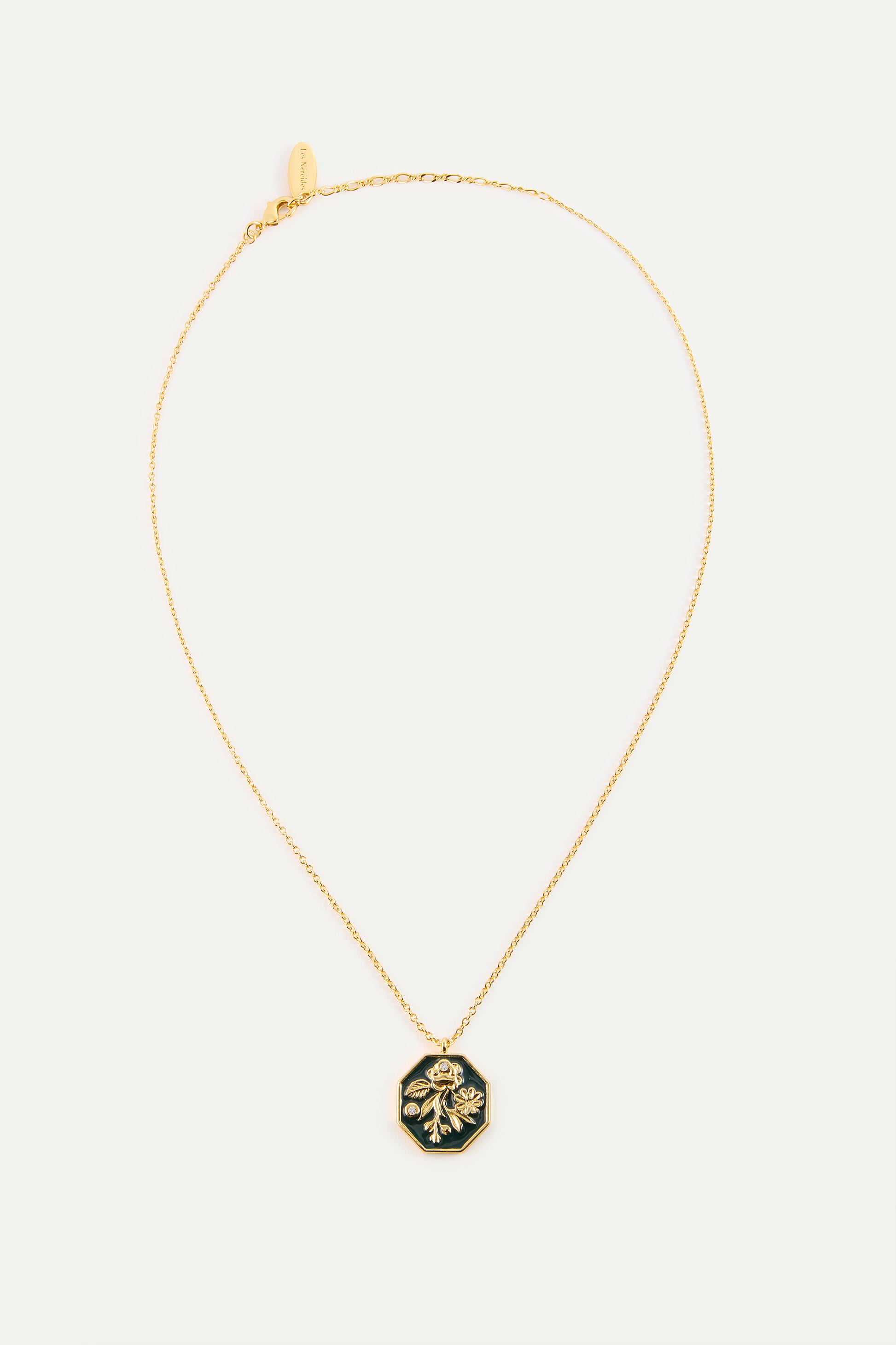 Black And Gold Peony Medallion Pendant Necklace detail view