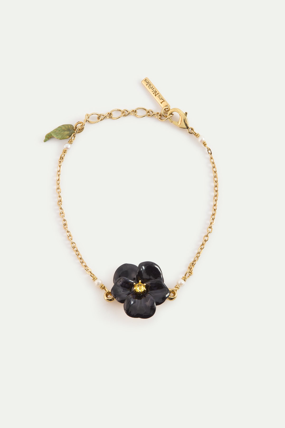 Black Pansy And Faceted Crystal Bracelet front view
