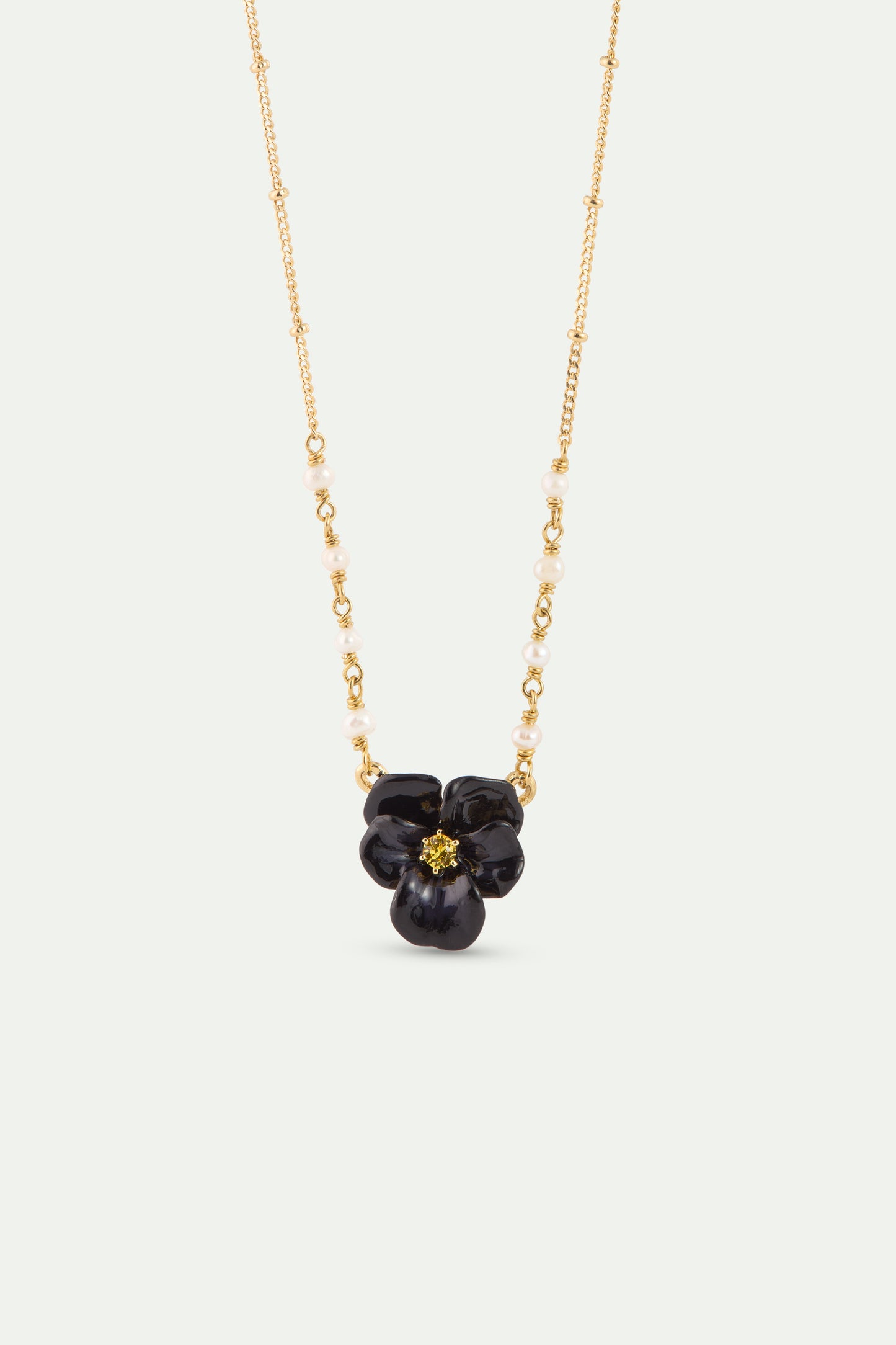 Black Pansy And Faceted Crystal Necklace front view