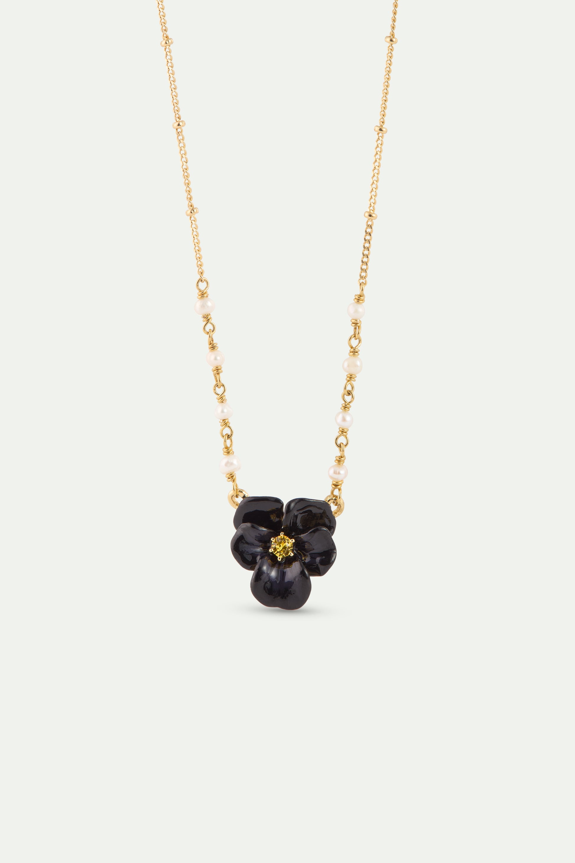 Black Pansy And Faceted Crystal Necklace front view