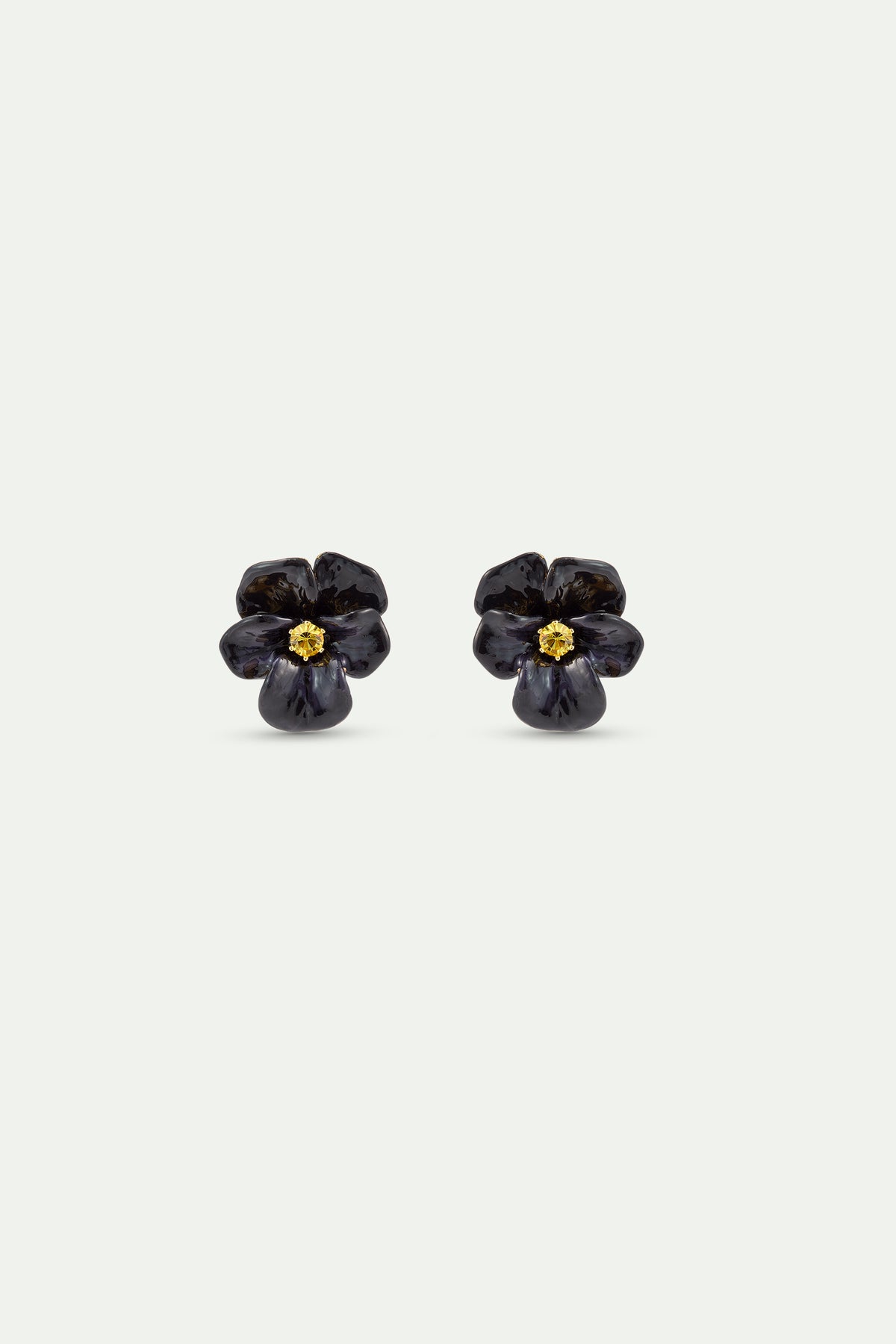 Black Pansy And Faceted Crystal Clip-On Earrings front view