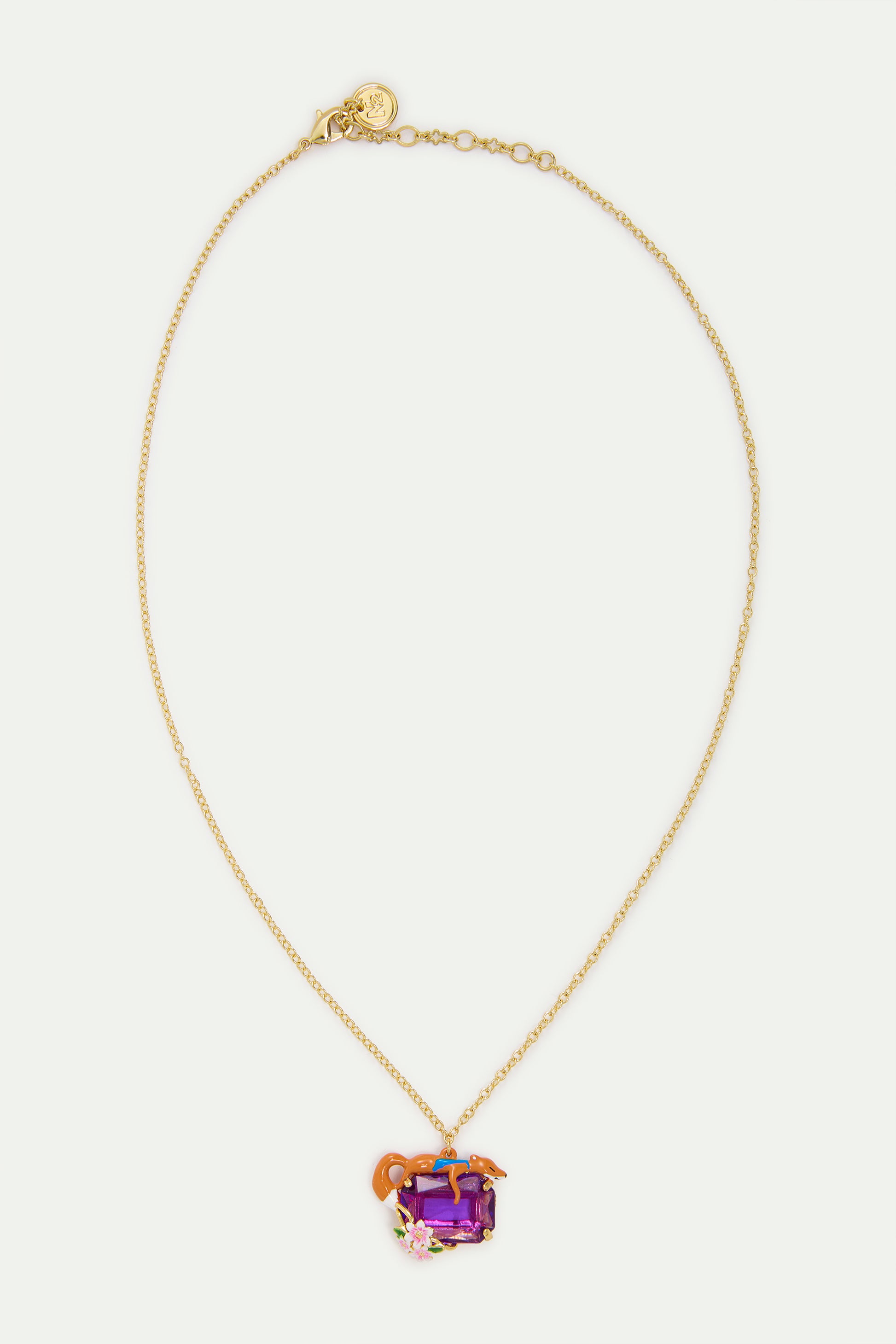Purple Rectangular Stone Fox And Flower Pendant Necklace detail view