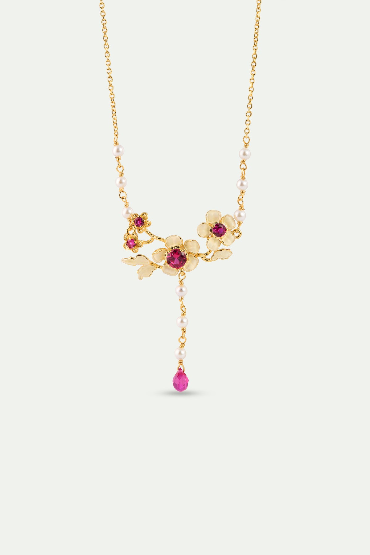 Gold Anemone Statement Necklace With Pink Stones And Cultured Pearls front view