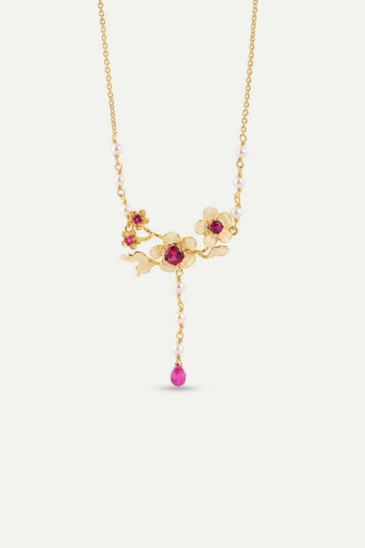 Gold Anemone Statement Necklace With Pink Stones And Cultured Pearls front view