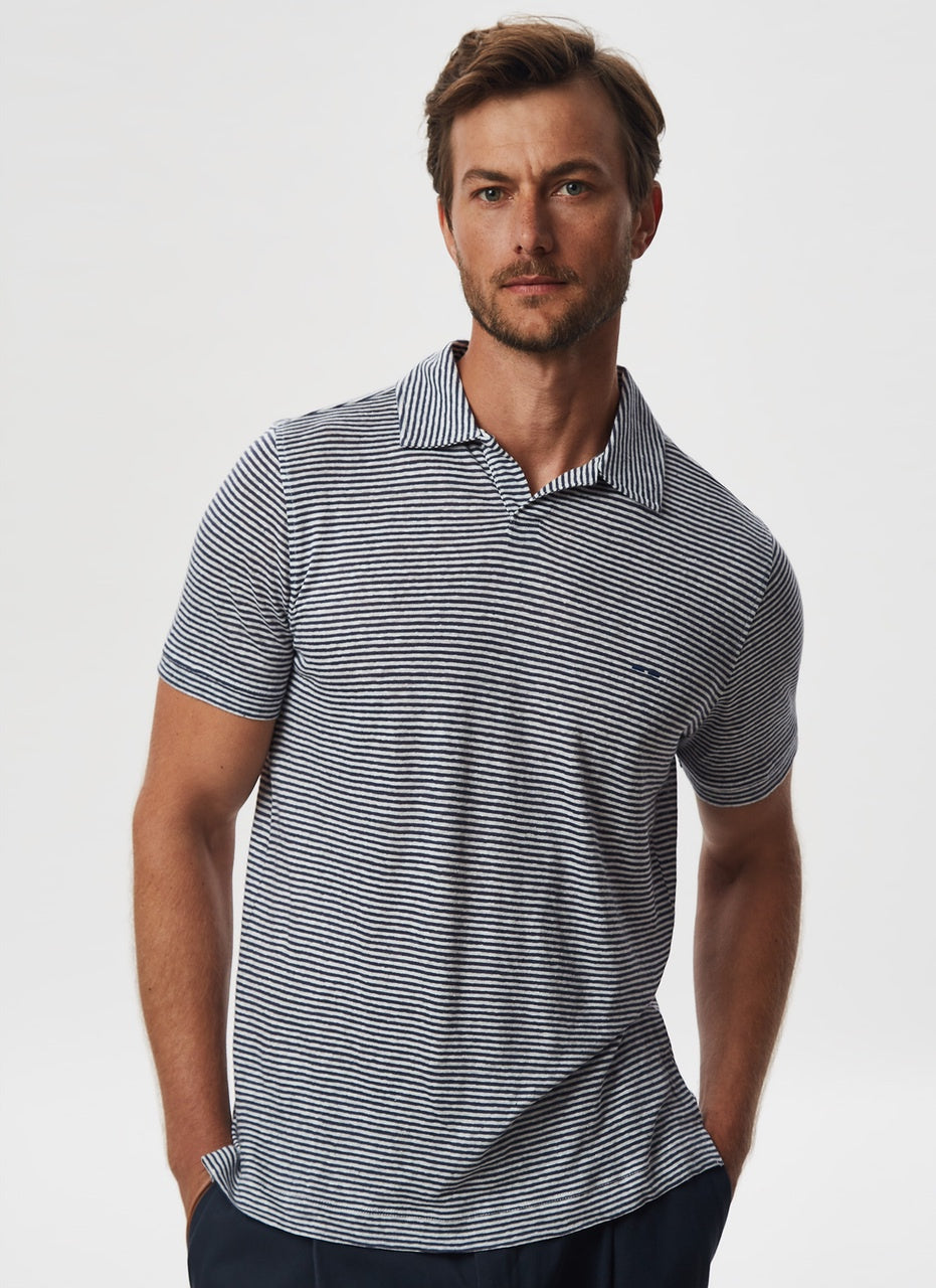Black And White Striped Linen Polo Shir