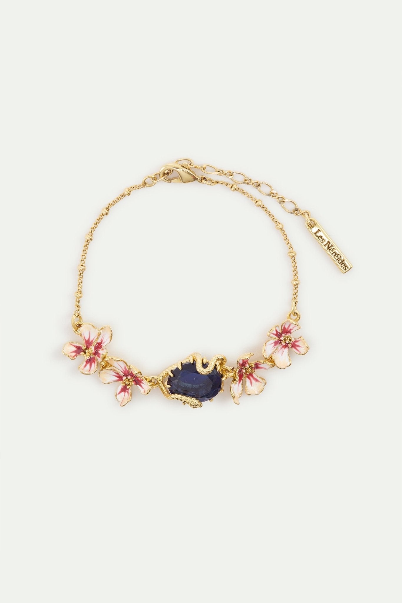 Bracelet With Blue Faceted Stone, Gold Snake and Mallow Flowers | AYVA2011
