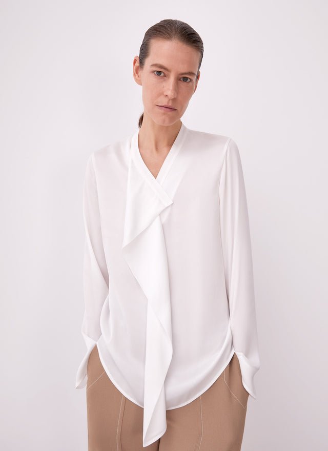 Women Long-Sleeve Shirt | Ecru Fluid Shirt With Draping Neckline by Spanish designer Adolfo Dominguez