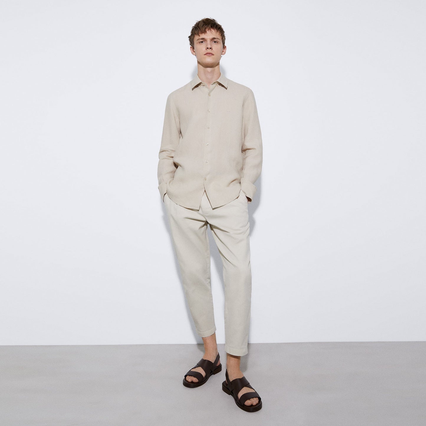 Men Shirt | Ecru Linen Lapel Collar Shirt by Spanish designer Adolfo Dominguez