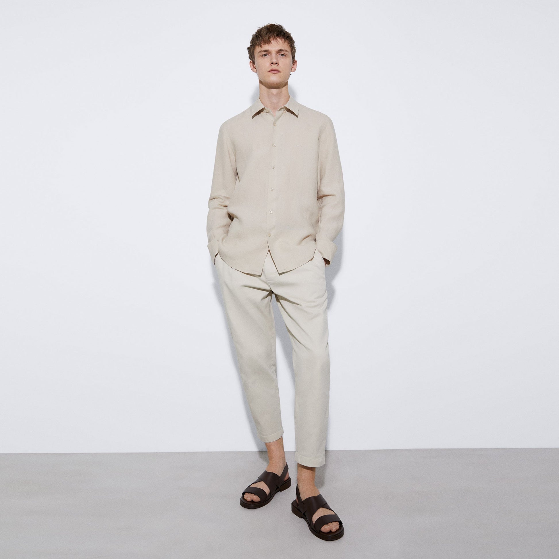 Men Shirt | Ecru Linen Lapel Collar Shirt by Spanish designer Adolfo Dominguez