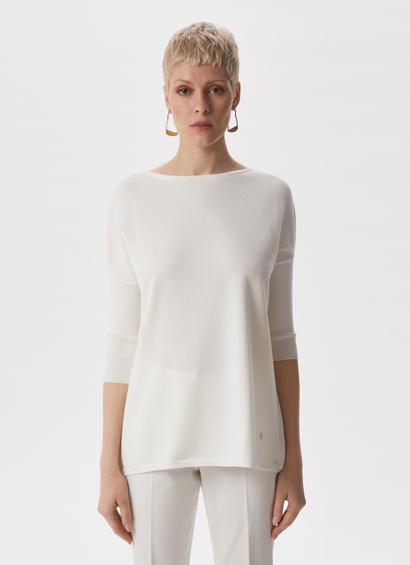 Women Jersey | Ecru Textured Sweater With Bateau Neckline by Spanish designer Adolfo Dominguez