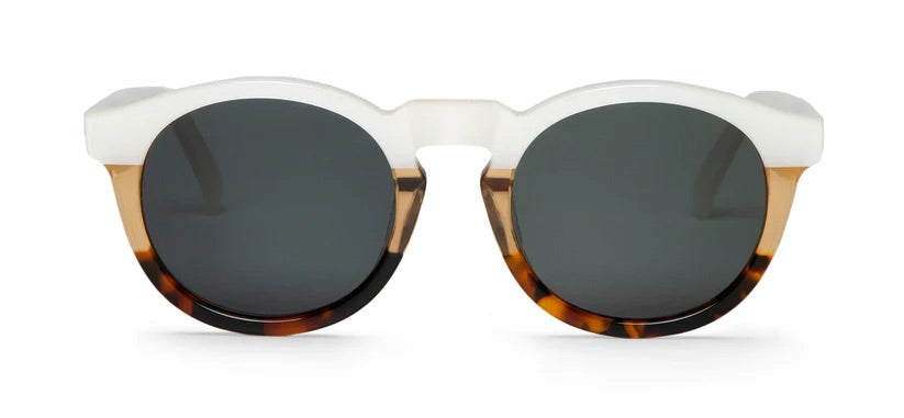 Round sunglasses with tortoiseshell frame and white accents on a white background