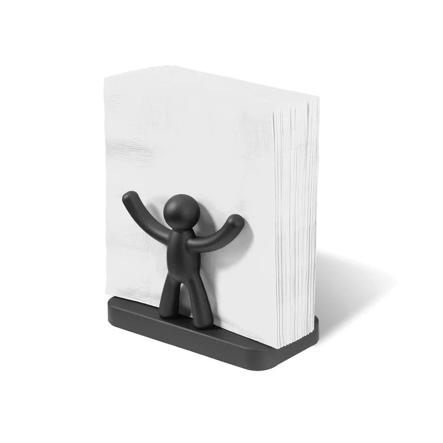 Black napkin holder with small human holding it up
