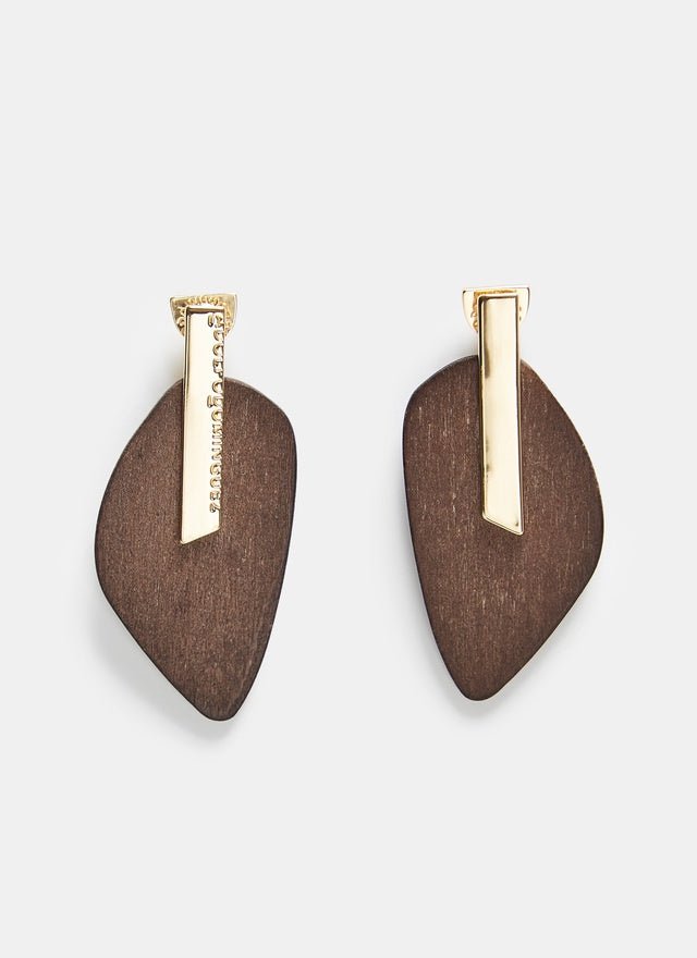 Women Earrings | Gold Long Earrings With Wooden Shape by Spanish designer Adolfo Dominguez