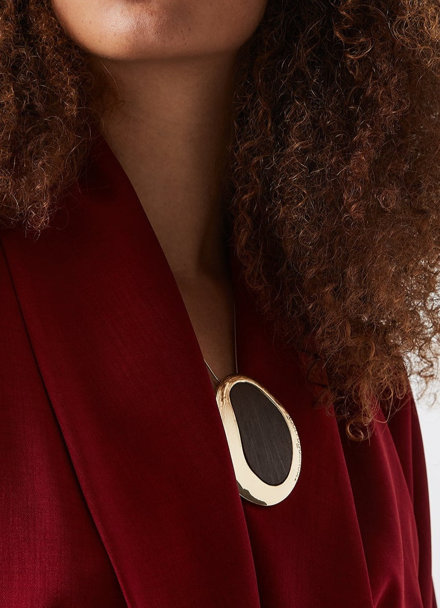 Women Necklace | Gold Long Necklace With Wood Pendant by Spanish designer Adolfo Dominguez