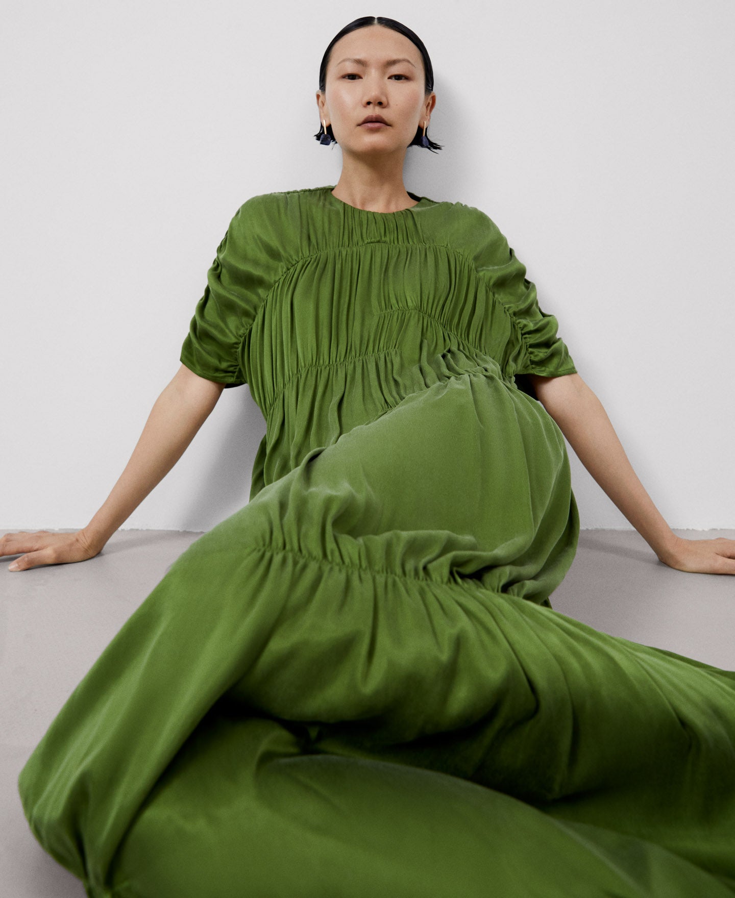 Women Cocktail Dress | Green Cupro Midi Dress by Spanish designer Adolfo Dominguez