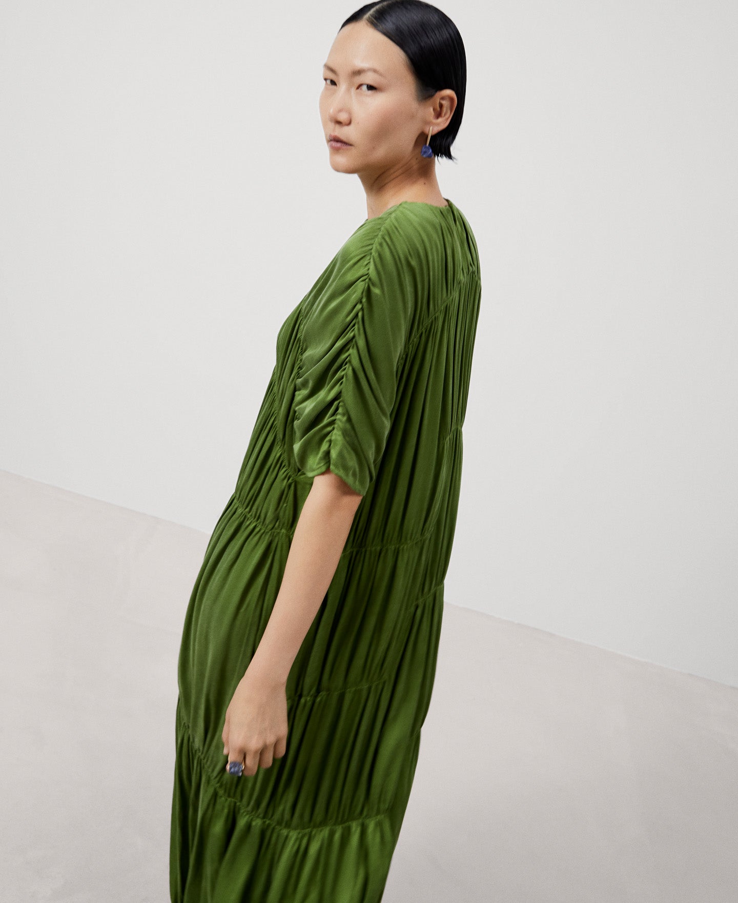 Women Cocktail Dress | Green Cupro Midi Dress by Spanish designer Adolfo Dominguez
