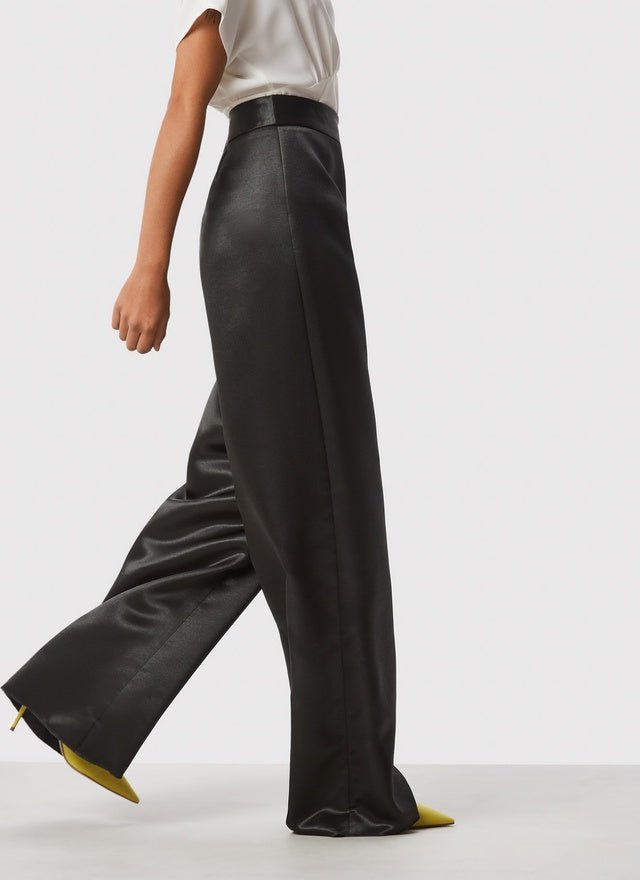 Women Trousers | Green Fluid And Glossy Palazzo Trousers by Spanish designer Adolfo Dominguez