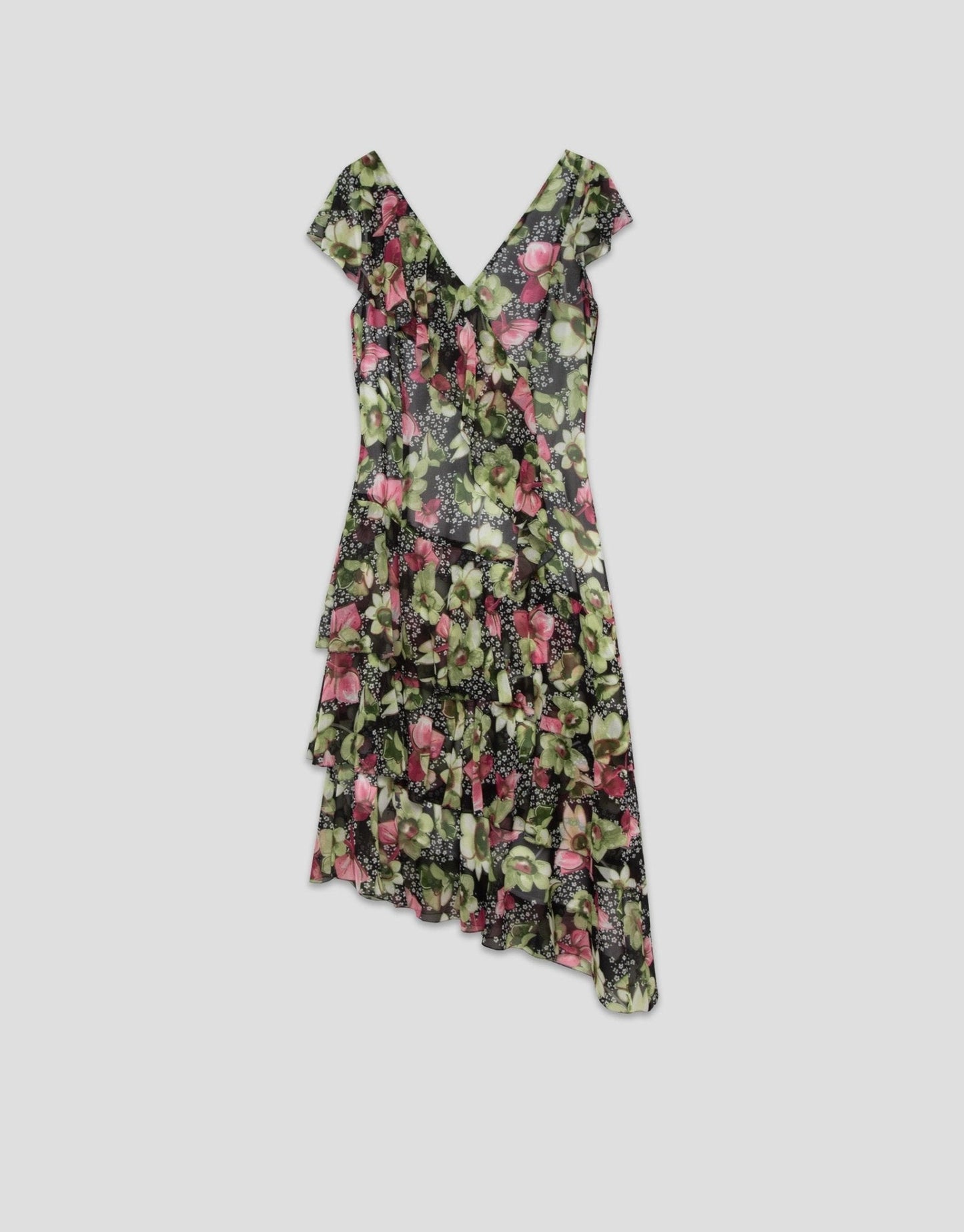 Dresses | Green georgette crepe dress with an asymmetric cut, frills and floral print by Spanish designer Roberto Verino