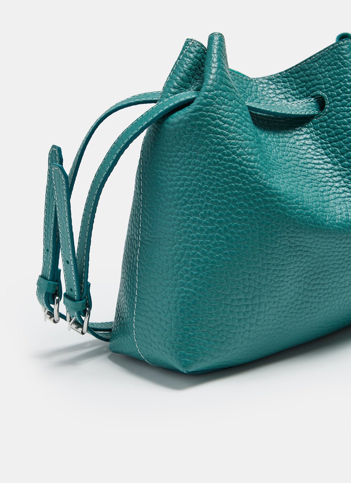 Women Leather Bag | Green Granulated Leather Bag With Double Strap by Spanish designer Adolfo Dominguez