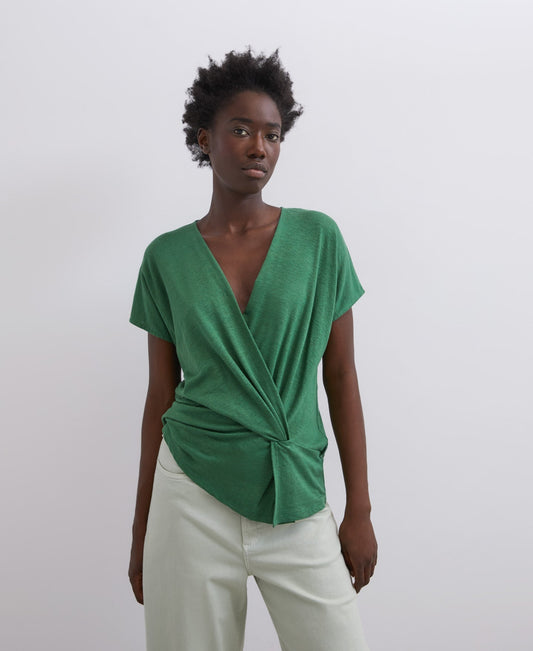 Women T-Shirt (Short Sleeve) | Green Stretch Linen T-Shirt by Spanish designer Adolfo Dominguez