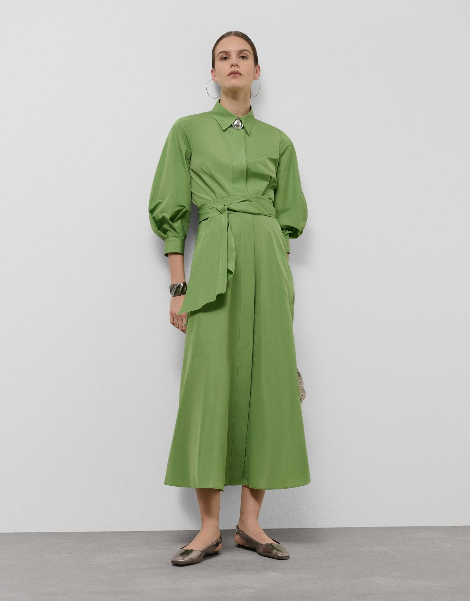 Dresses | Green taffeta long sleeve midi shirt dress by Spanish designer Roberto Verino