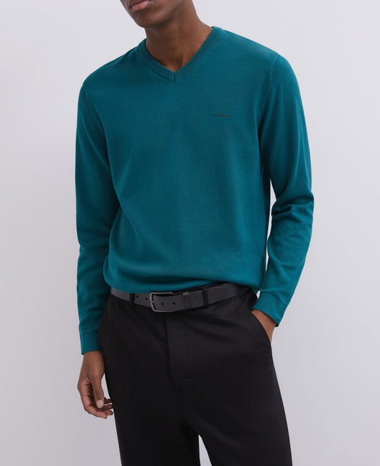 Men Jersey | Green V-Neck Cotton Sweater by Spanish designer Adolfo Dominguez