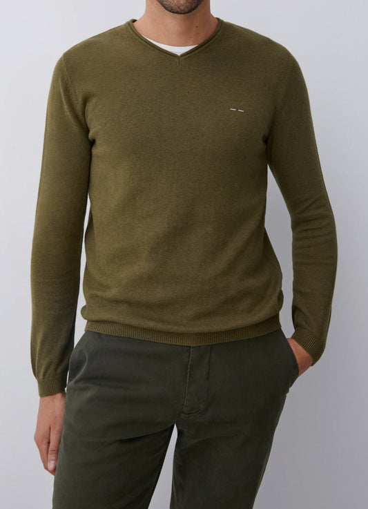 Men Jersey | Green V-Neckline Sweater With Roll Edge Collar by Spanish designer Adolfo Dominguez