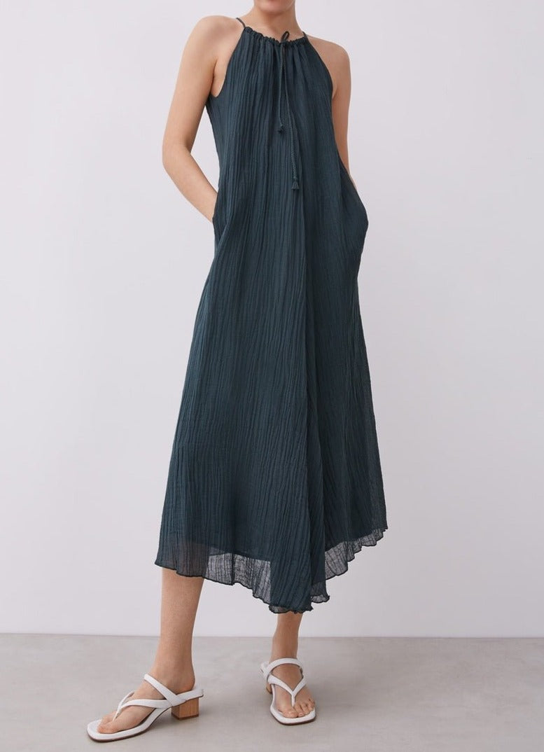 Women Dress | Green Wrinkled Dress With Halter Neckline by Spanish designer Adolfo Dominguez
