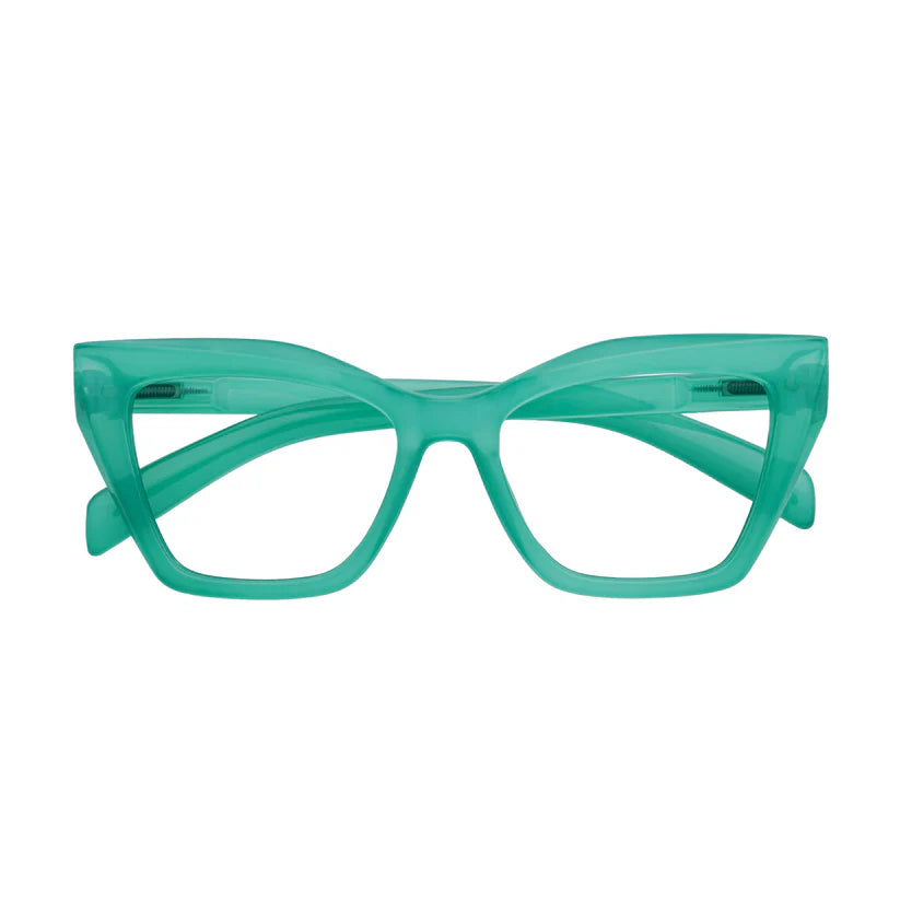 Green cat eye framed glasses