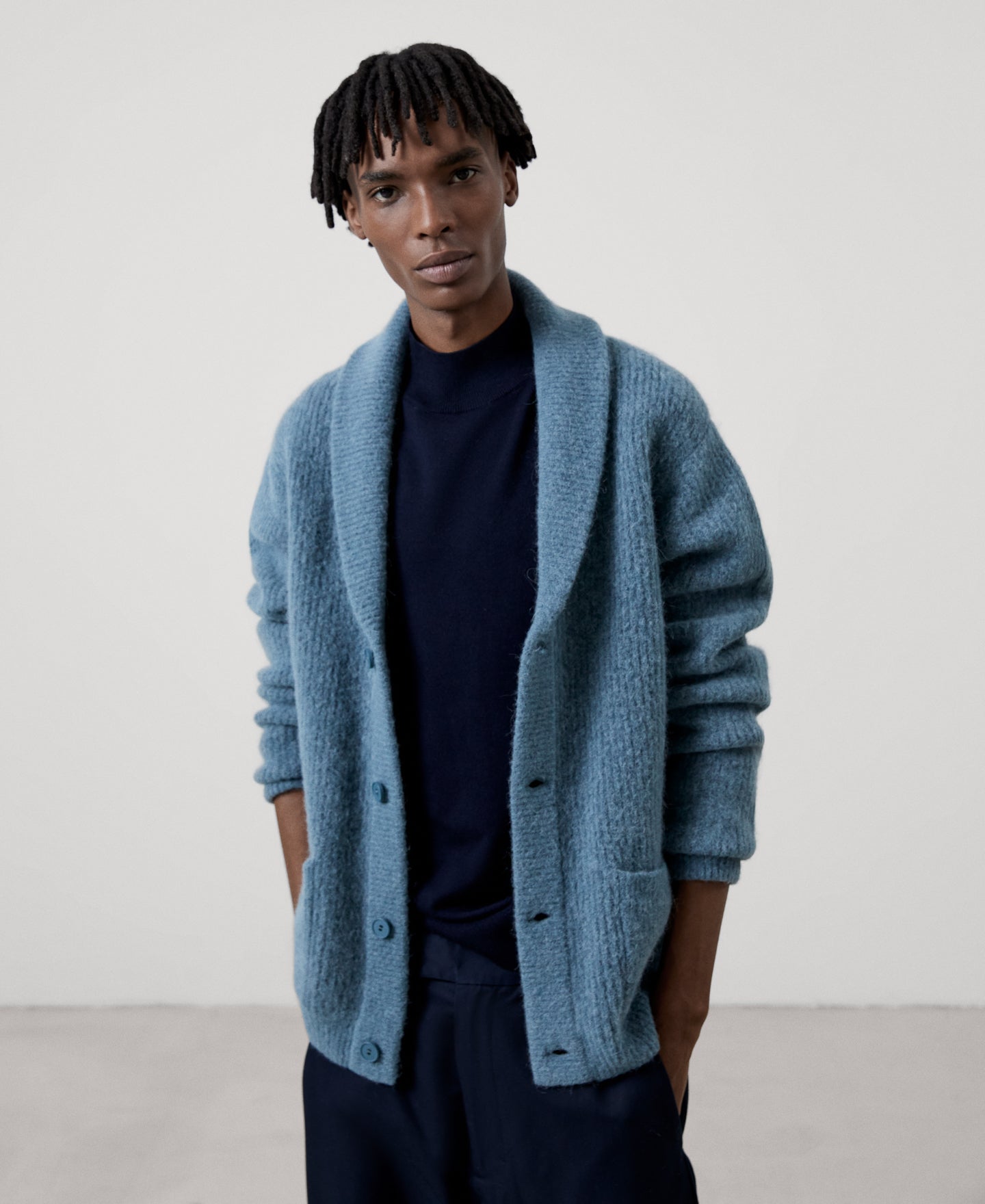 Men Knit Jacket | Green/Grey Cardigan In Wool Fabric by Spanish designer Adolfo Dominguez