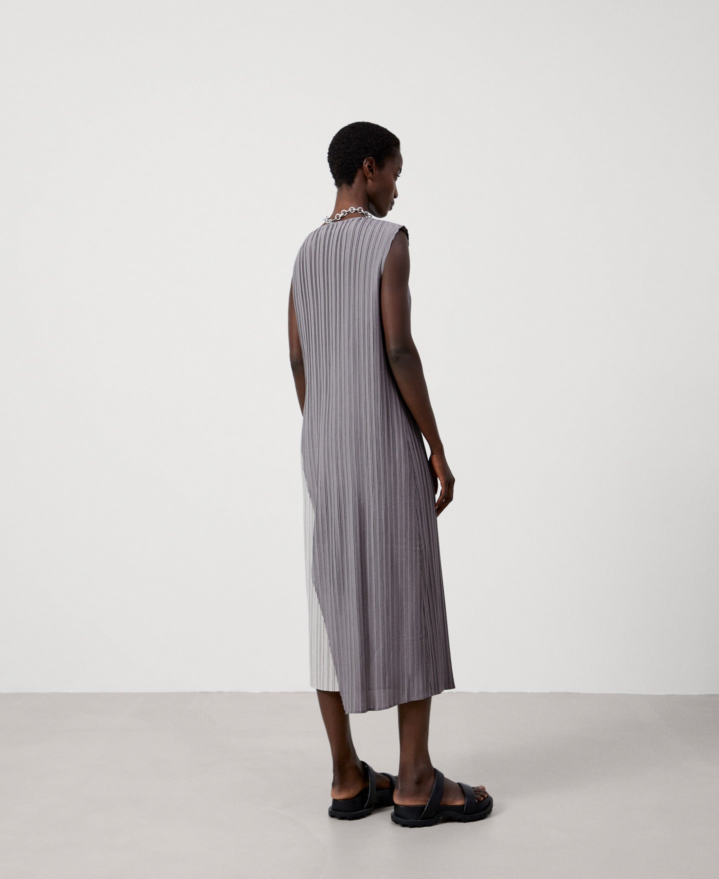 Women Dress | Grey Asymmetrical Two-Color Crinkle Dress by Spanish designer Adolfo Dominguez