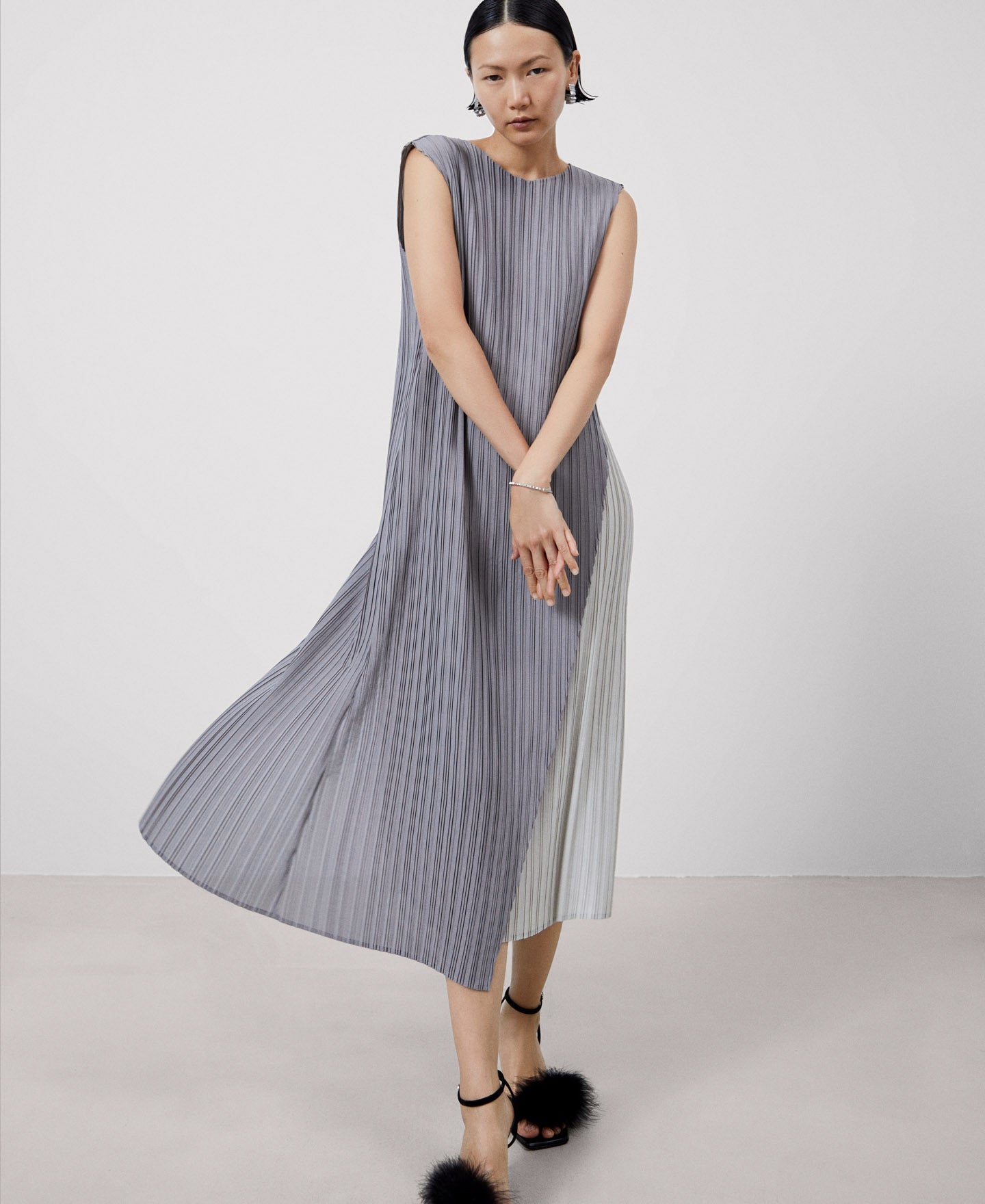 Women Dress | Grey Asymmetrical Two-Color Crinkle Dress by Spanish designer Adolfo Dominguez