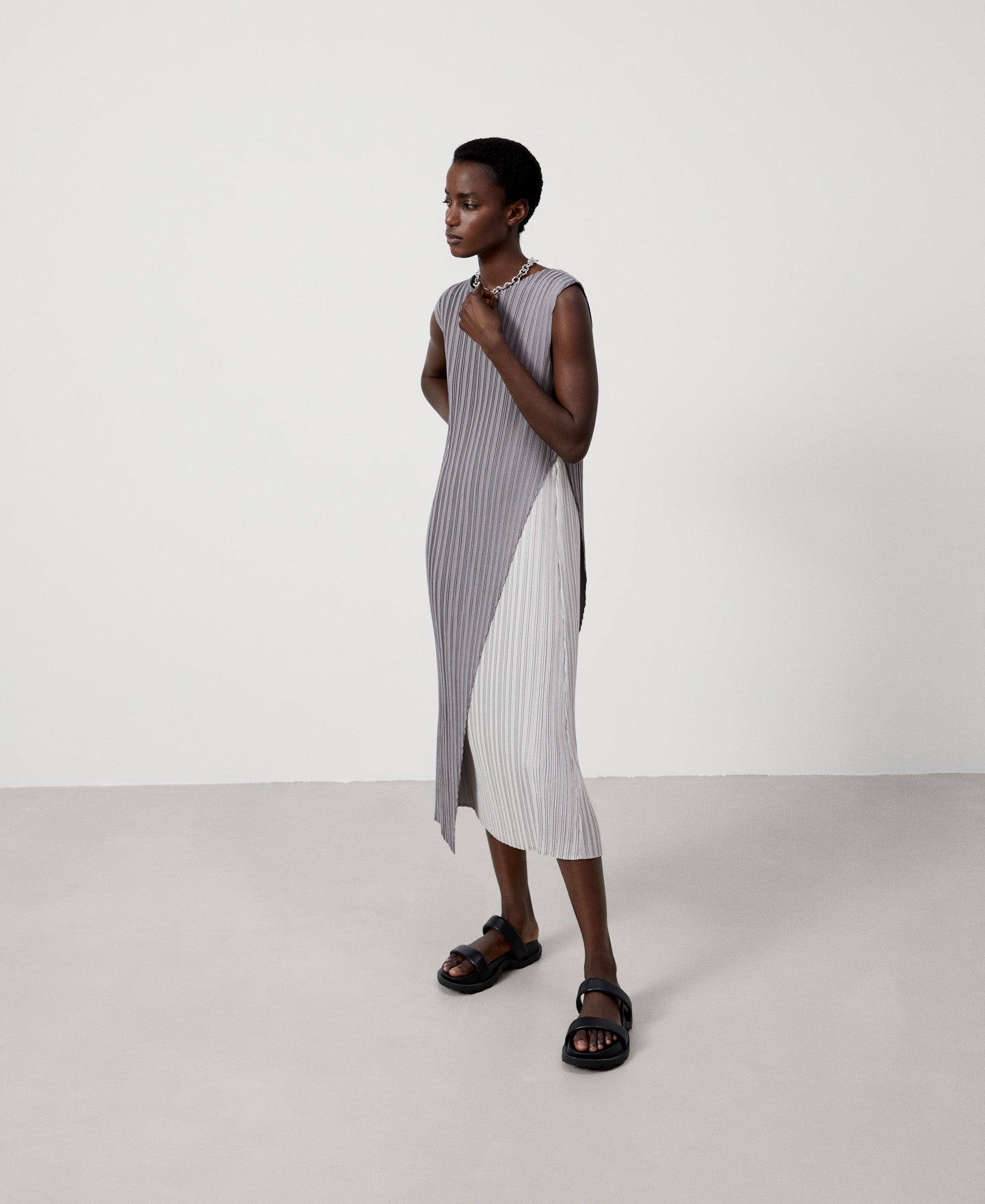 Women Dress | Grey Asymmetrical Two-Color Crinkle Dress by Spanish designer Adolfo Dominguez