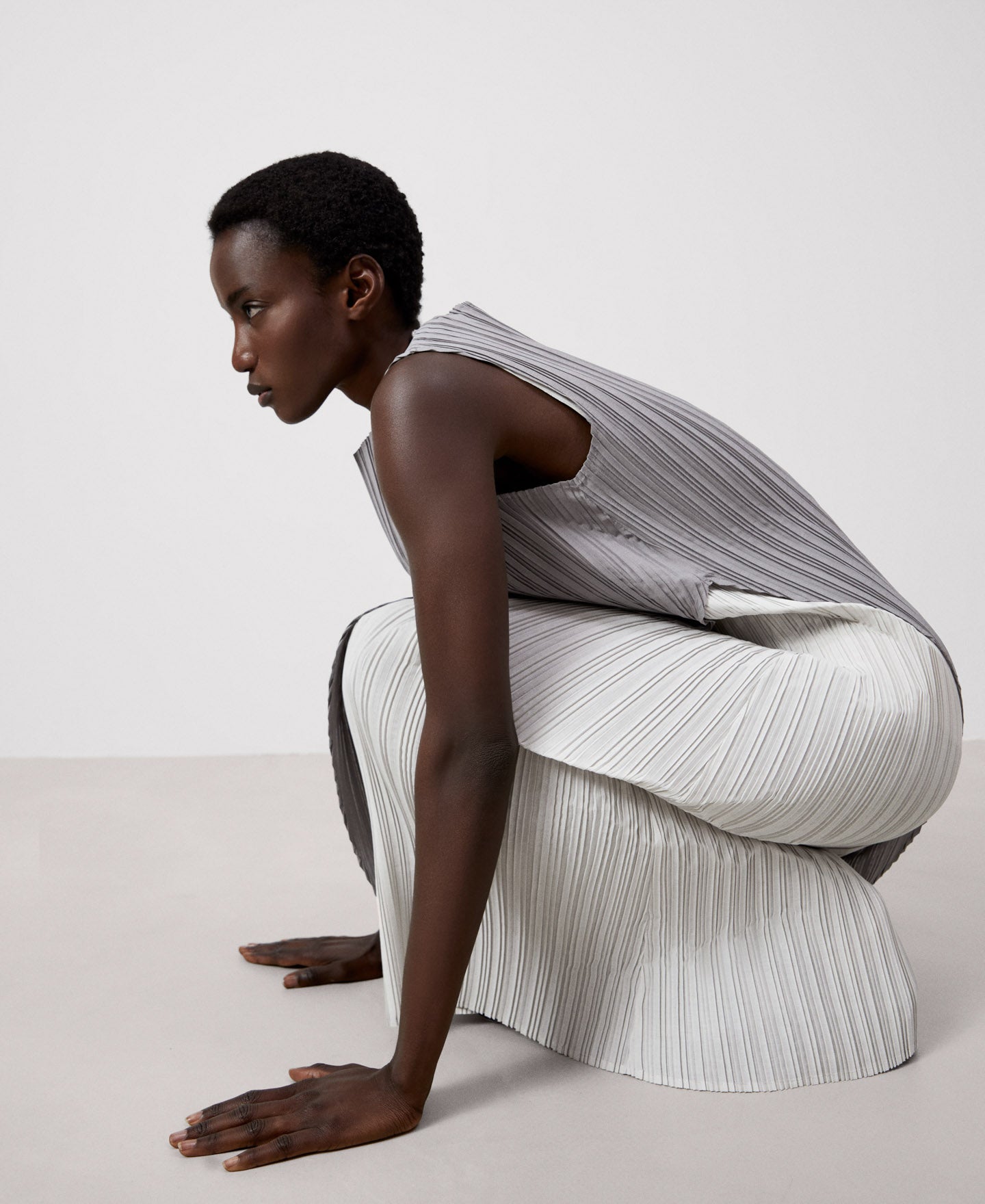 Women Dress | Grey Asymmetrical Two-Color Crinkle Dress by Spanish designer Adolfo Dominguez