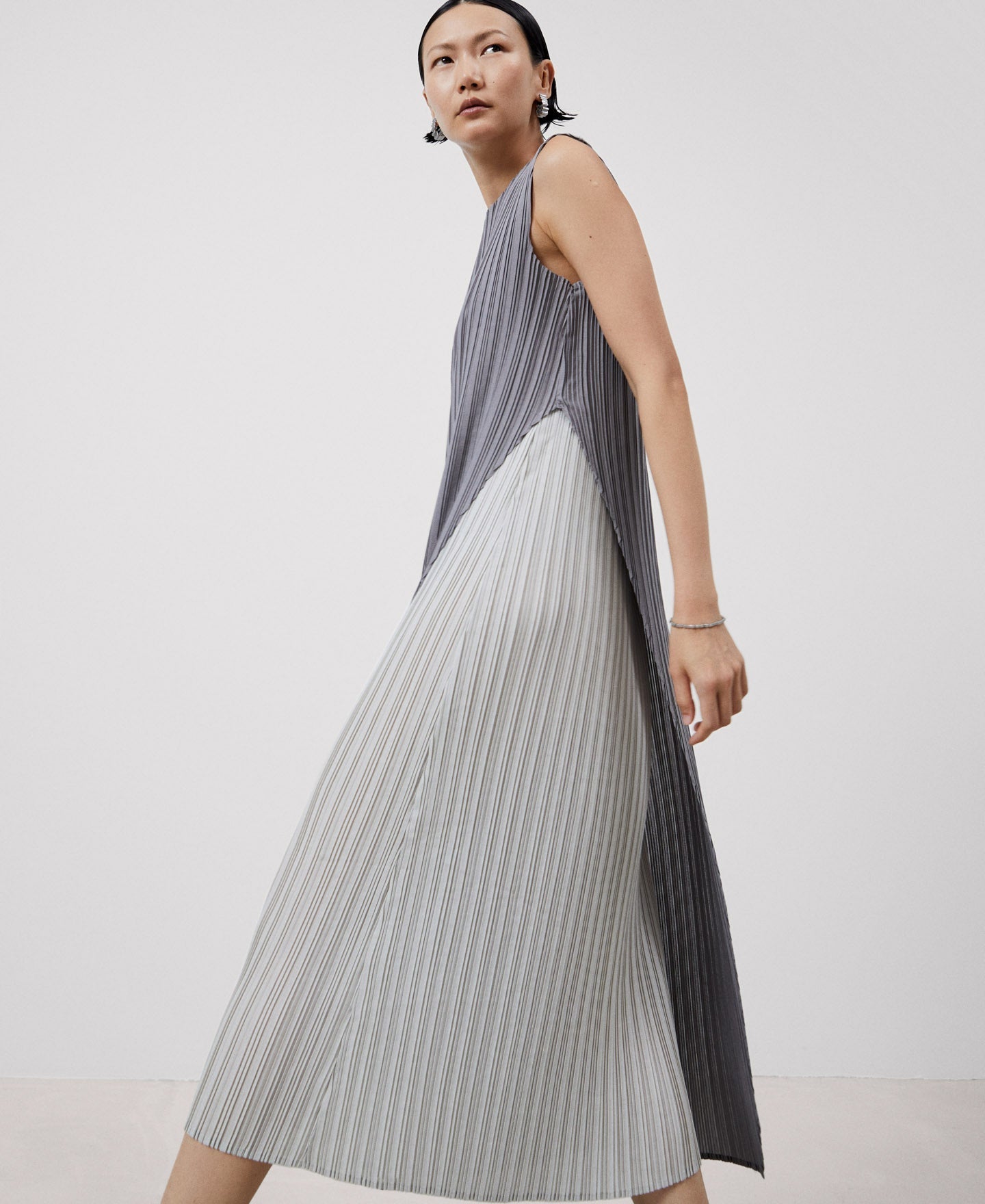 Women Dress | Grey Asymmetrical Two-Color Crinkle Dress by Spanish designer Adolfo Dominguez