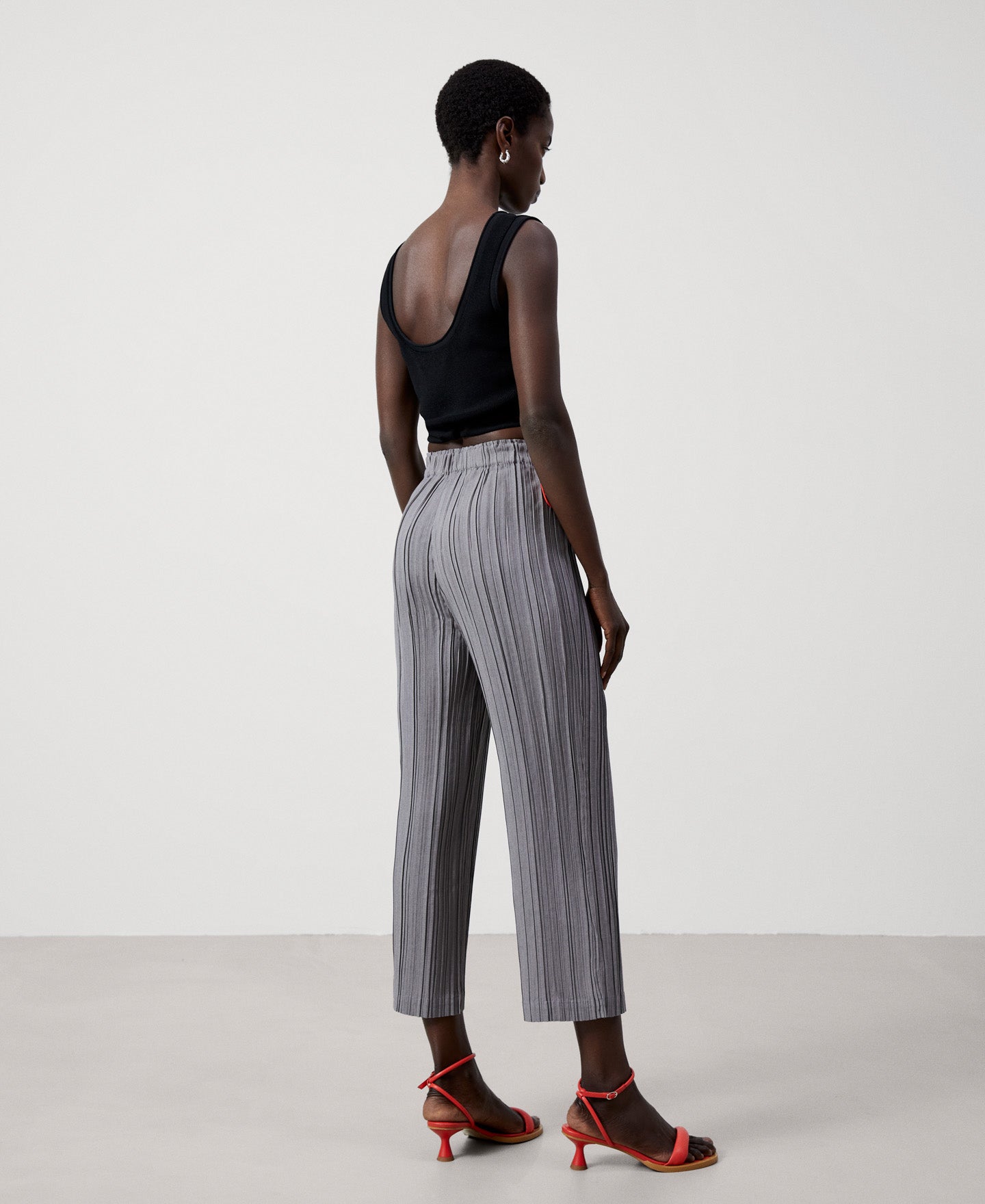 Women Trousers | Grey Crinkle Wide Leg Trousers by Spanish designer Adolfo Dominguez