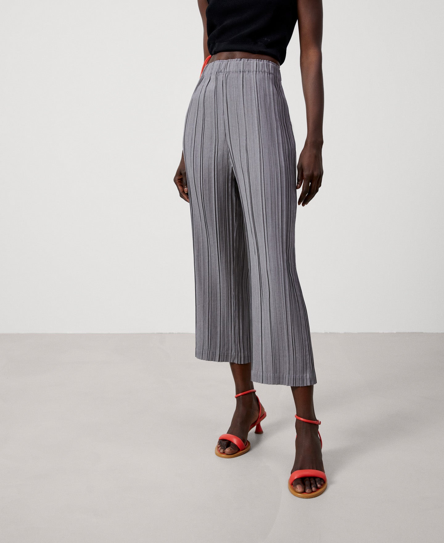 Women Trousers | Grey Crinkle Wide Leg Trousers by Spanish designer Adolfo Dominguez