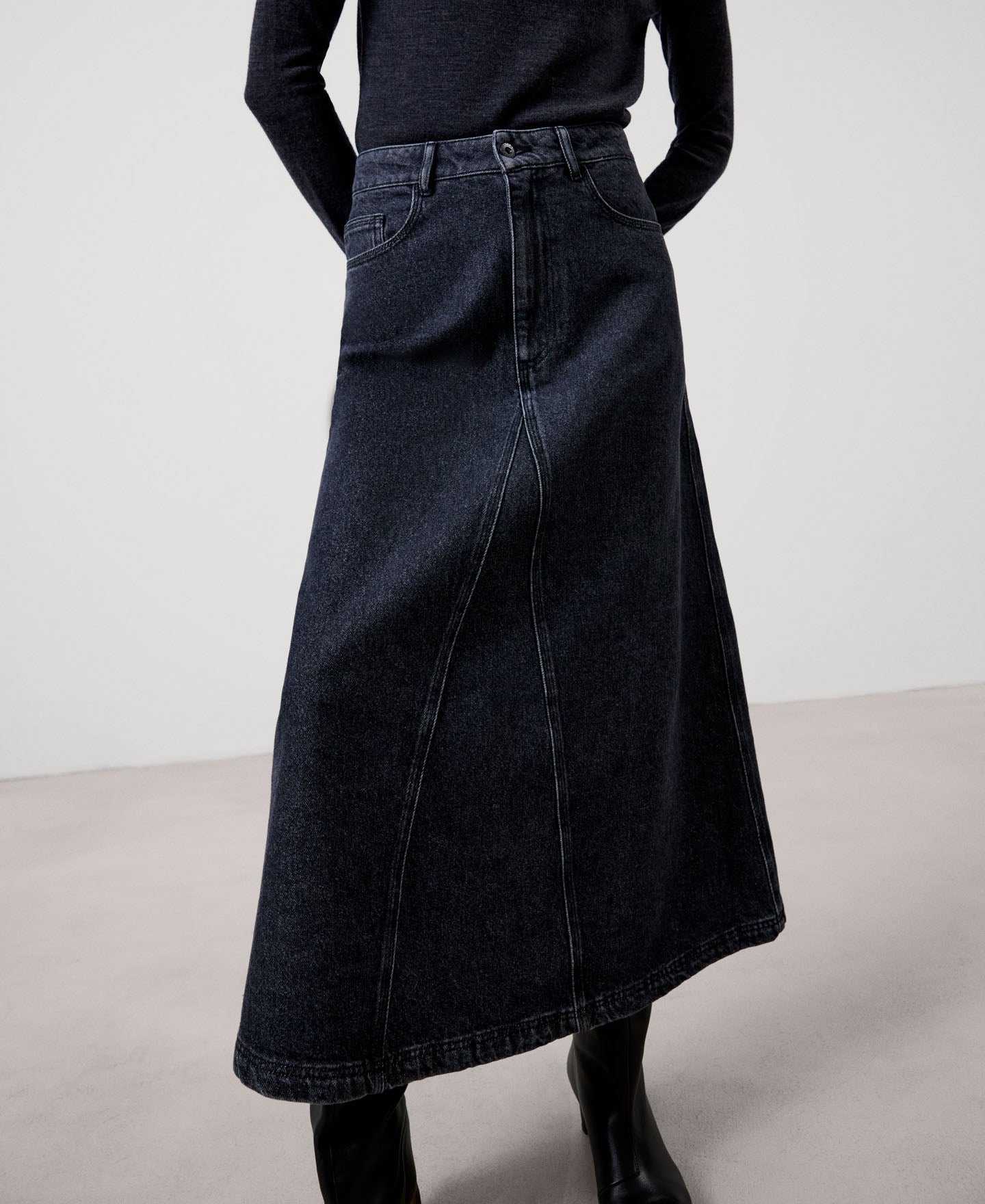Women Skirt | Grey Denim Cotton Midi Skirt by Spanish designer Adolfo Dominguez
