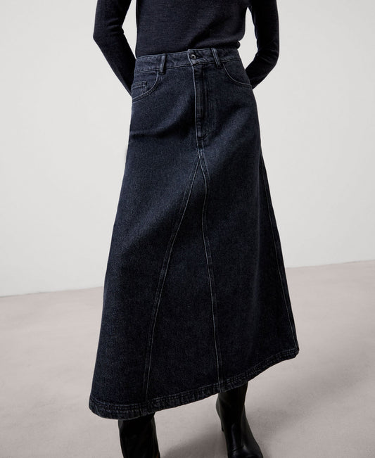 Women Skirt | Grey Denim Cotton Midi Skirt by Spanish designer Adolfo Dominguez